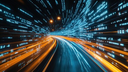 Obraz premium Data Stream Tunnel Night Drive Futuristic Speed