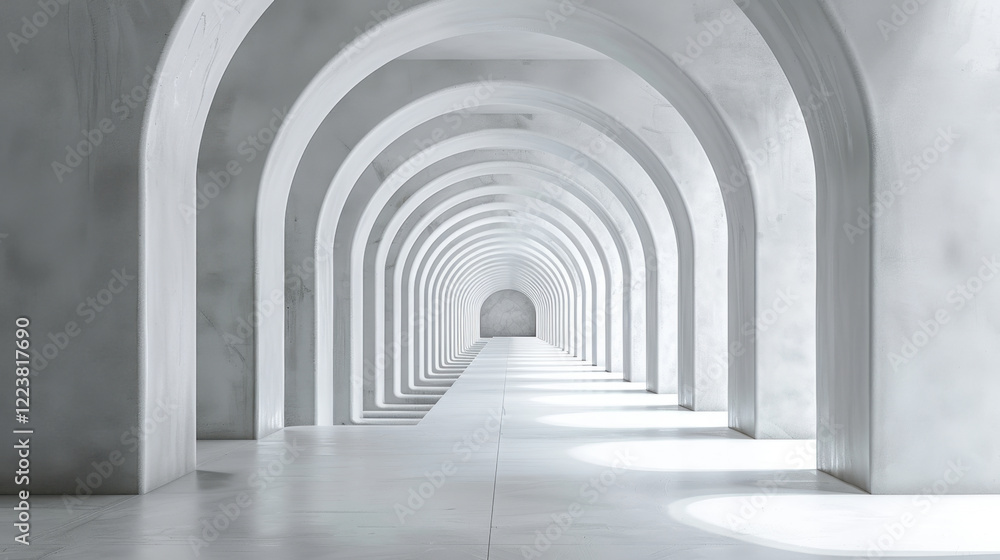 Poster serene corridor with multiple arches, featuring minimalist design and soft lighting, creates tranqui