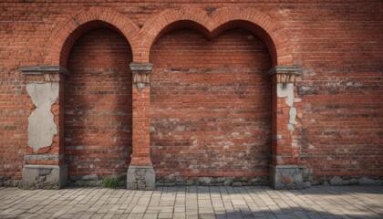 Distressed red brick wall with old stone arches ,  rustic,  architecture