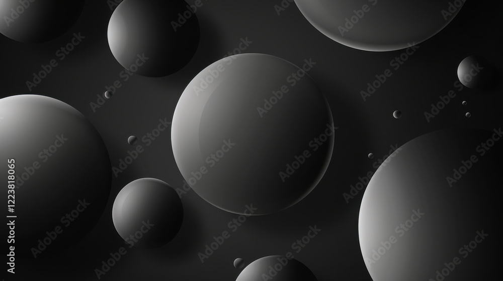 Poster smooth black spheres of varying sizes float against dark background, creating modern and abstract de