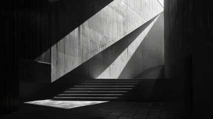Fototapeta premium modern architectural space featuring dramatic light and shadow, showcasing concrete walls and stairs. interplay of light creates striking visual effect