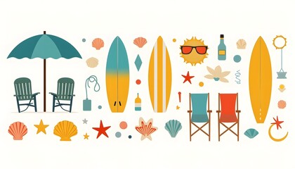 Summer Beach Scene with Surfboards and Chairs
