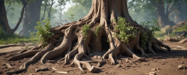 Fototapeta premium Earthy landscape with roots and vines growing out of a tree stump , forest, nature