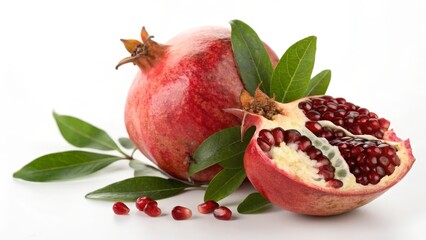 Pomegranate Fruit with Seeds and Leaves