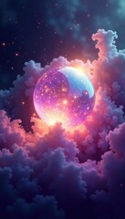 Iridescent mist swirling around a glowing orb, orb, neon, mist