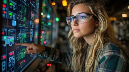 Scada engineer operator controller working with data base from Scada system on computer screen at green power plant factory.