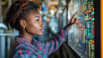 Scada engineer operator controller working with data base from Scada system on computer screen at green power plant factory.