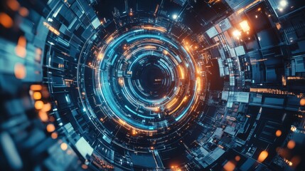 Fototapeta premium Futuristic Circular Technology Tunnel With Glowing Lights