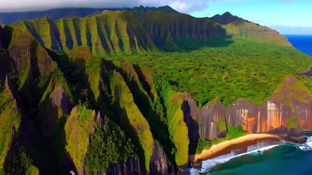 Magnificent nature drone flying over green jungle mountain peaks revealing tropical beach on Na Pali park. Incredible aerial view dramatic mountains, blue ocean on Napali Coast Kauai island Hawaii
