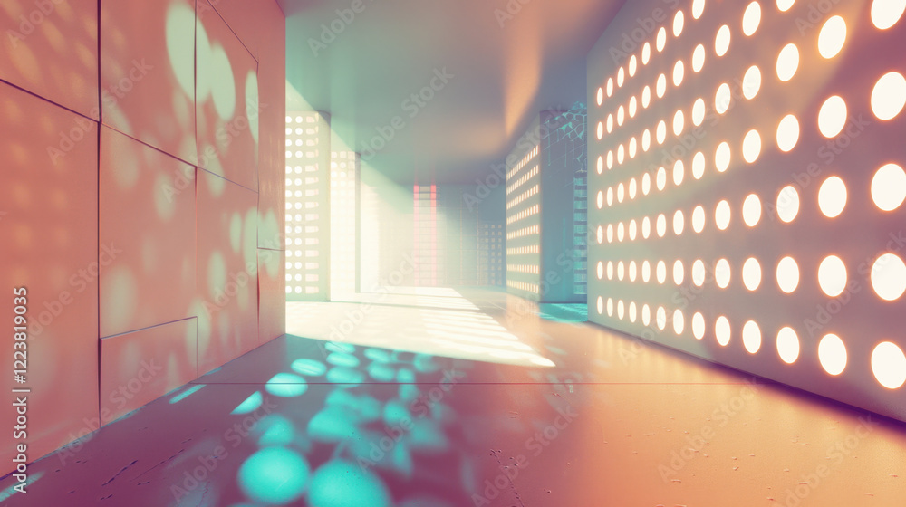Poster modern interior space with colorful light patterns and shadows. walls are illuminated with vibrant h
