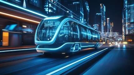 Fototapeta premium Futuristic Autonomous Vehicle Traveling Through Cityscape At Night