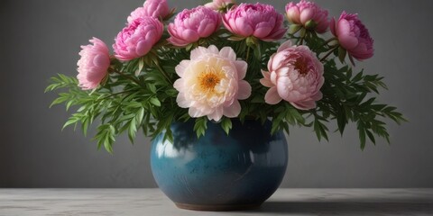 Obraz premium Colorful peony flowers in a vase with greenery and stems , spring, peonies