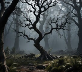 Dark forest foliage with twisted tree branches,  exotic,  branches,  shadows