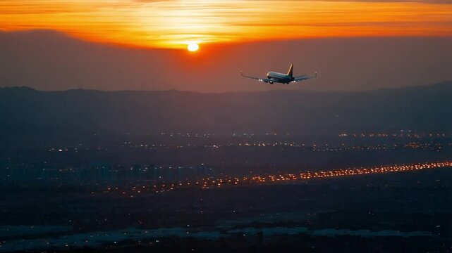 Glide path with blinking lights and golden sun above horizon line, USA Los Angeles. Plane flying over head, landing at airport at sunset or sunrise. Cinematic travel background 