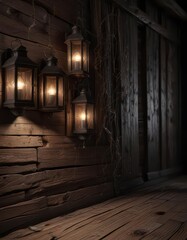 Dark wood planks with old lanterns and cobwebs on the wall,  dimly lit, dark wood,  rustic elements