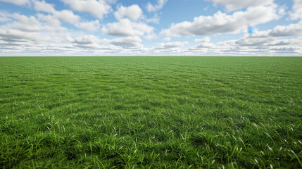 Naklejka premium Lush green grass field under bright blue sky with fluffy clouds, creating serene and peaceful landscape