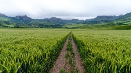 Fototapeta premium Green wheat field, mountain backdrop, dirt road, rural landscape, agriculture imagery