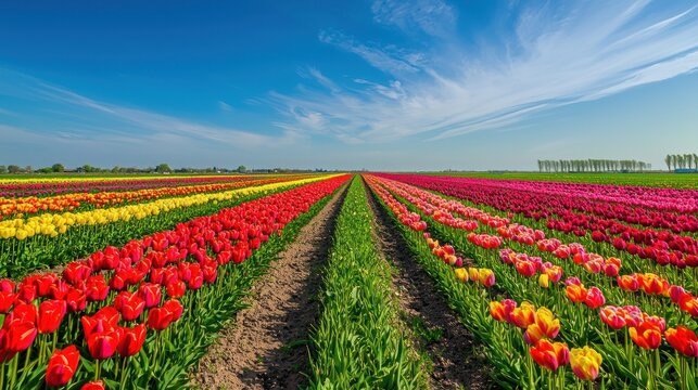 A vibrant field of fully bloomed flowers under a clear blue sky