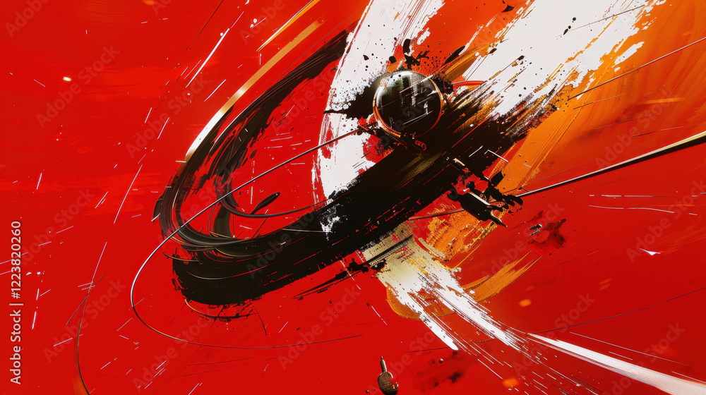 Poster dynamic abstract art featuring bold red and black strokes, evoking energy and movement. composition 