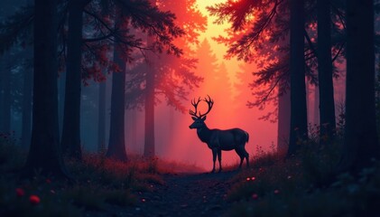 Dark Forest Silhouette Deer , tree, deer, silhouette