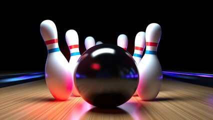 Colorful Bowling Ball Approaching Pins On A Wooden Lane