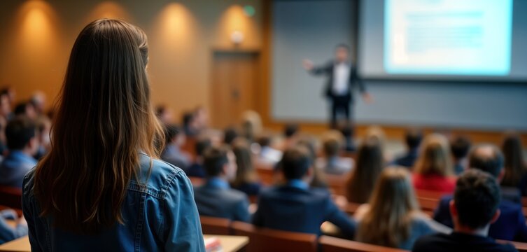 Female speaker presents at university workshop. Audience attentively listens. People attend scientific conference. Location university lecture hall. Time of day unspecified.