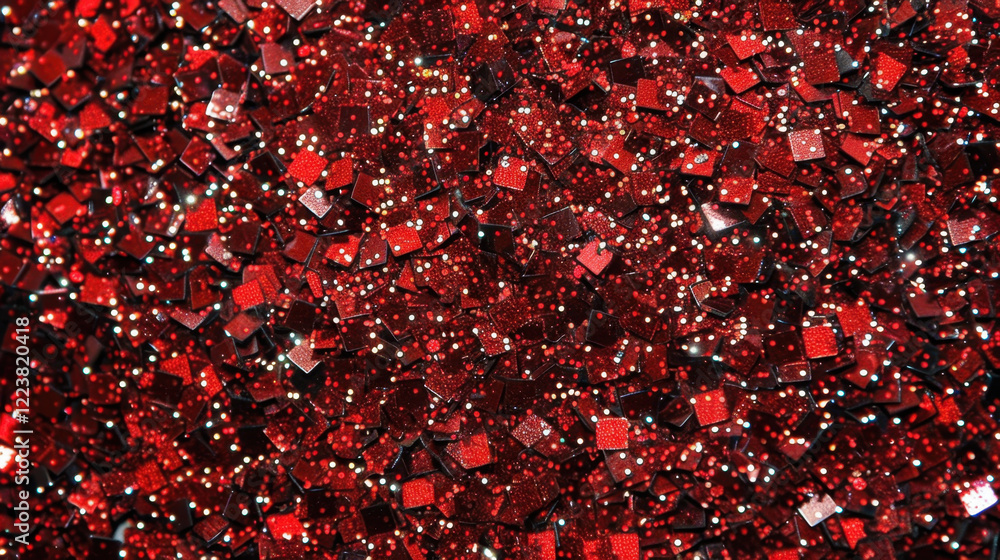 Poster shimmering red glitter fills frame, creating vibrant and festive atmosphere. sparkling squares refle