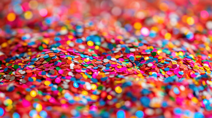 Fototapeta premium Colorful confetti scattered on vibrant surface, creating festive atmosphere. mix of red, blue, pink, and yellow adds joyful touch to celebrations