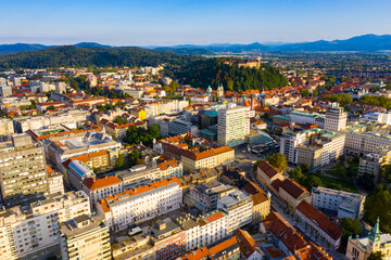 Panoramic aerial view of Ljubljana cityscape with buildings and streets, Slovenia
