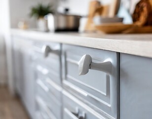 Close-Up of Stylish Light Gray Cabinet Handles in Modern Scandinavian Kitchen Interior