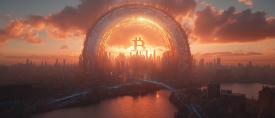 A stunning digital artwork depicting Bitcoin as a glowing symbol over a futuristic cityscape at sunset.