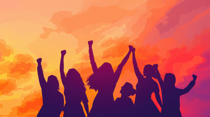 A vibrant sunset silhouette of a group of people raising their fists, symbolizing unity, empowerment, and celebration.