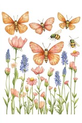 Colorful illustration of butterflies and wildflowers in a serene natural setting