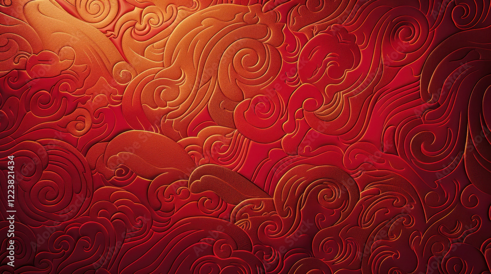 Poster intricate red and gold wave patterns create dynamic and textured background, evoking sense of moveme