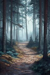 Fototapeta premium Misty Forest Path Through Ancient Pines
