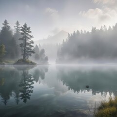 Misty morning fog rolling over the calm waters of a peaceful lake ,  foggy morning,  dreamy atmosphere,  lake
