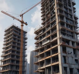 High-rise building under construction with cranes and scaffolding,  construction,  high rise