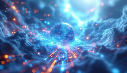 Obraz premium Illuminated Digital Sphere Above a Cloud Network