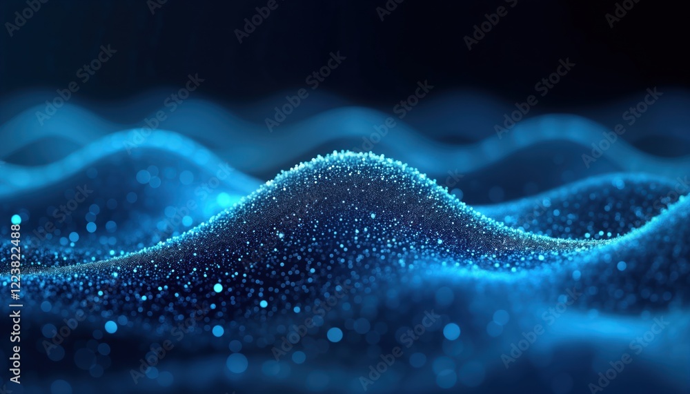 Leinwandbilder Abstract digital blue wave particle system. Dynamic glowing pattern evokes futuristic tech. Illuminated undulating design creates energy flow. Smooth particle stream. Ideal background or wallpaper.