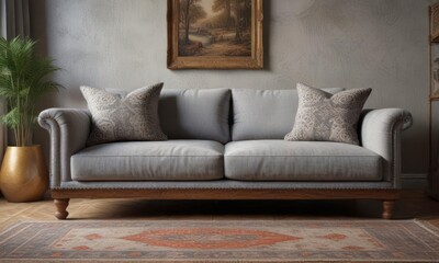 Low-slung grey sofa with ornate wooden legs sits amidst plush throw pillows and a vintage-inspired rug ,  home decor,  living room
