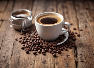 Fototapeta premium Espresso coffee cup filled with aromatic coffee beans rests on old wooden table, antique, espresso, vintage