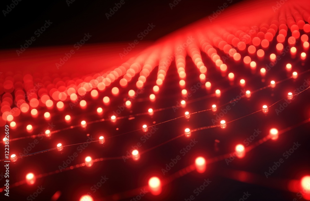 Poster Futuristic red light grid creates dynamic energy effect. Abstract design with glowing lines, dots. Modern tech background. Vibrant, electric illumination pattern. Perspective view of network gives