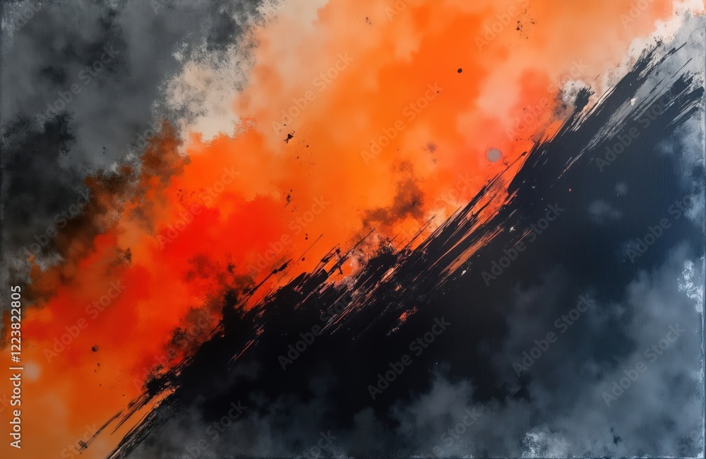 Poster abstract art piece combines dark orange, black colors with gray brushstrokes, splashes. watercolor e