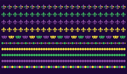 Mardi Gras borders collection, colorful beads, carnival mask, fleur de lis, party decorative horizontal design elements, vector dividers © Liena