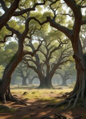 Mature oak trees with gnarled trunks and branches in a forest clearing, oak,  foliage