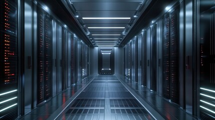 Obraz premium Modern Server Room Corridor with Illuminated Racks