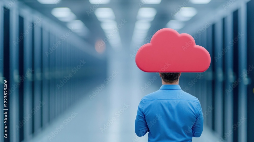 Poster man with a red cloud icon on his head, symbolizing data storage concepts in a modern server room env