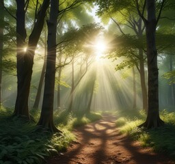 Obraz premium Panorama of Wald with Sunbeams filtering through trees and leaves , natur, nature