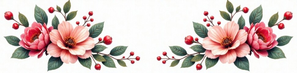 Floral wreath with entwined flowers and berries , decorative, foliage