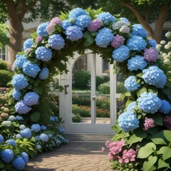 Floral wreath surrounding large blooming hydrangea with garden flowers,  plants,  floral wreath, hydrangea